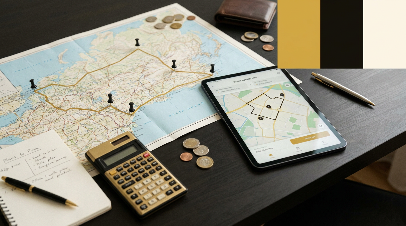 Vendedor analisando roteiro de visitas comerciais em um tablet próximo ao seu veículo de trabalho.
