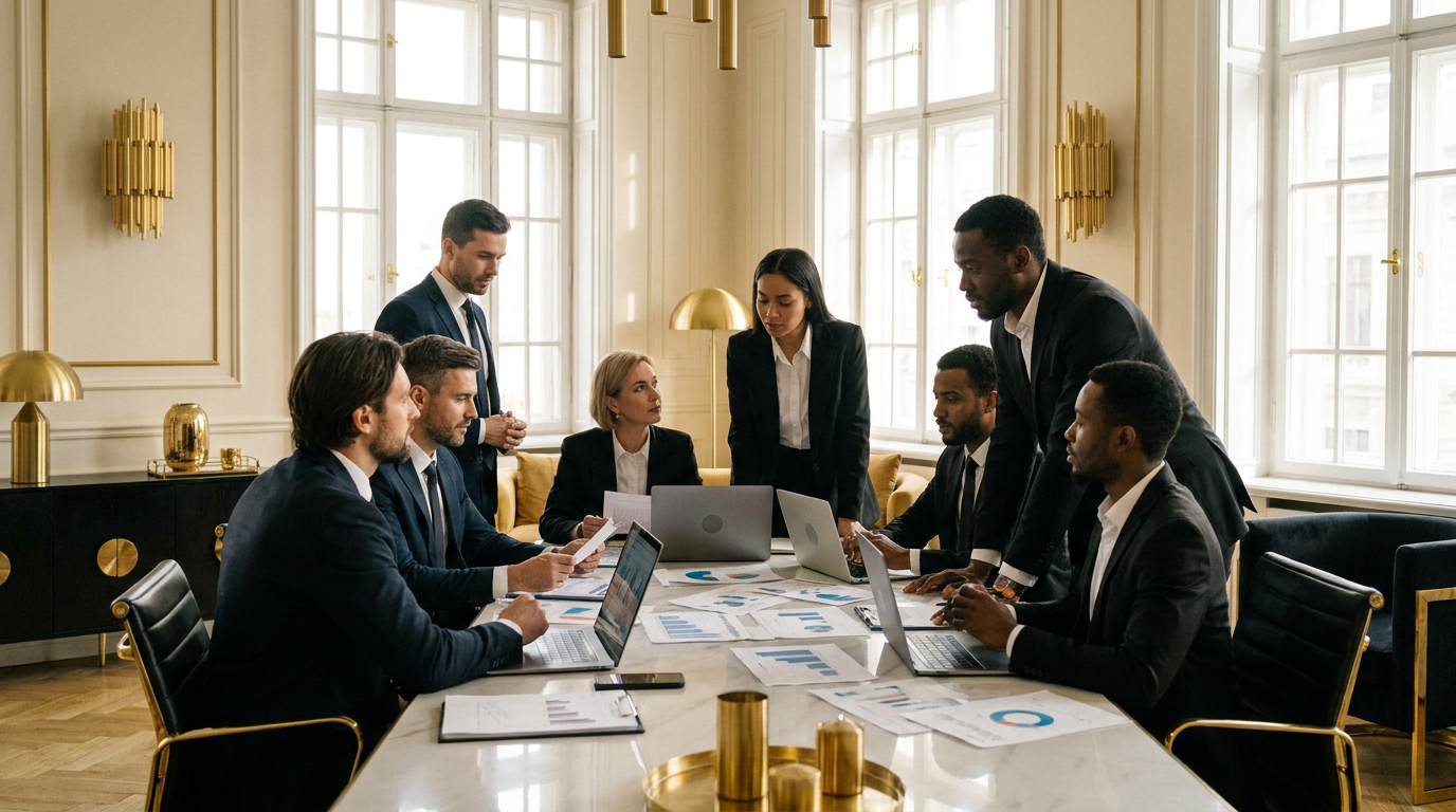 Líder empresarial reunido com equipe engajada discutindo estratégias de crescimento e cultura organizacional em escritório mo