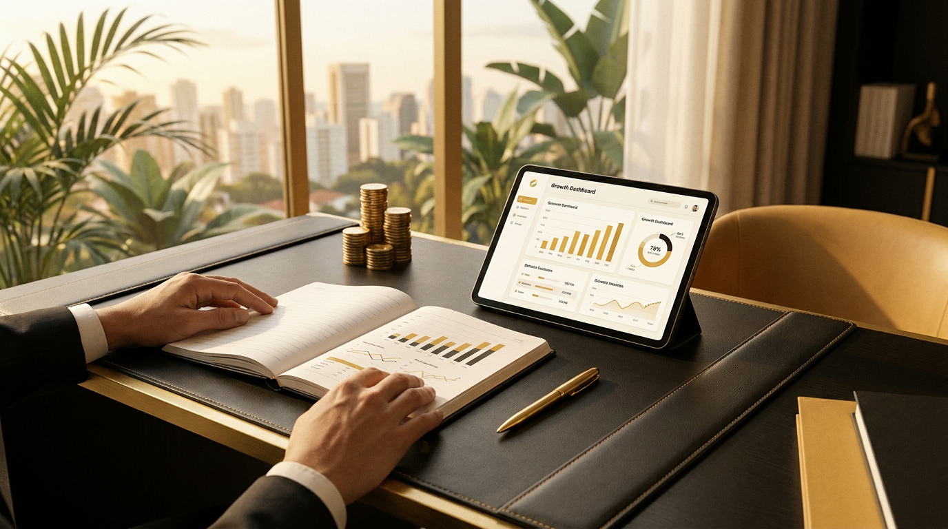 Profissional analisando gráficos de gestão financeira empresarial em um tablet com relatórios de fluxo de caixa.