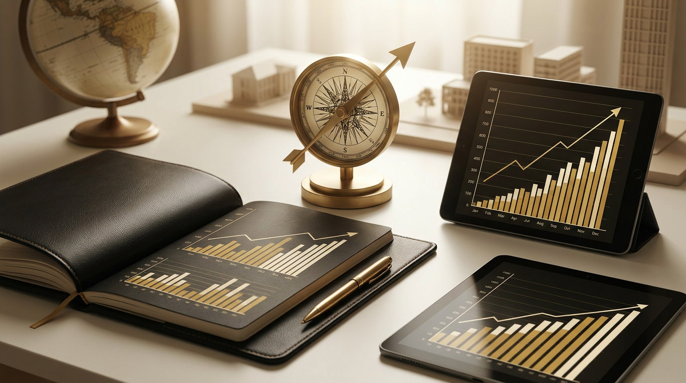 Empresário analisando gráfico de metas empresariais e indicadores financeiros em um tablet.
