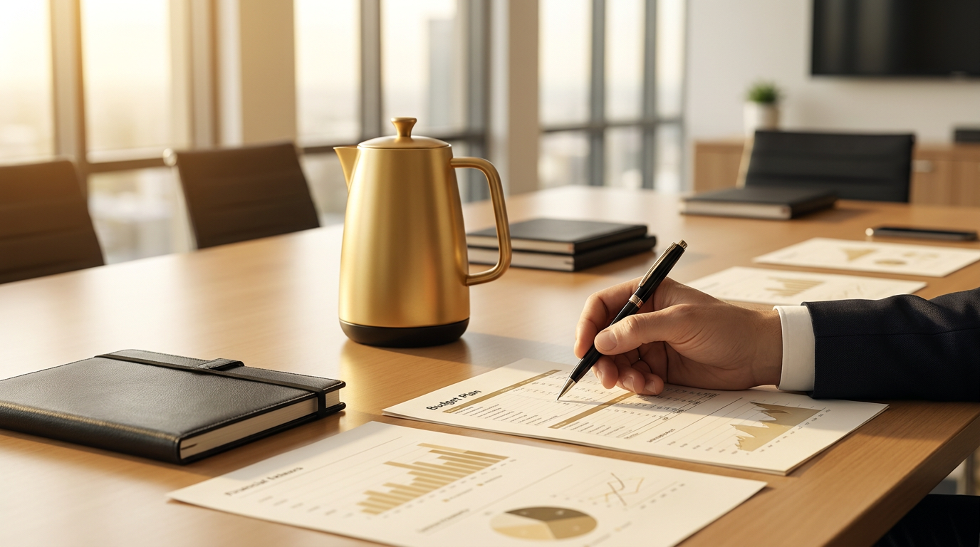 Pessoa analisando planilhas de orçamento de compras e negociando com fornecedores para reduzir custos empresariais.