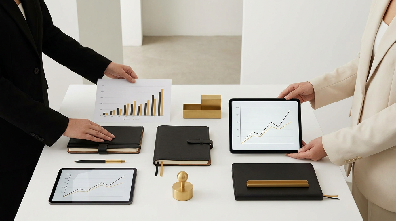 Profissional analisando gráficos de vendas B2B e métricas de gestão comercial em um tablet no escritório.